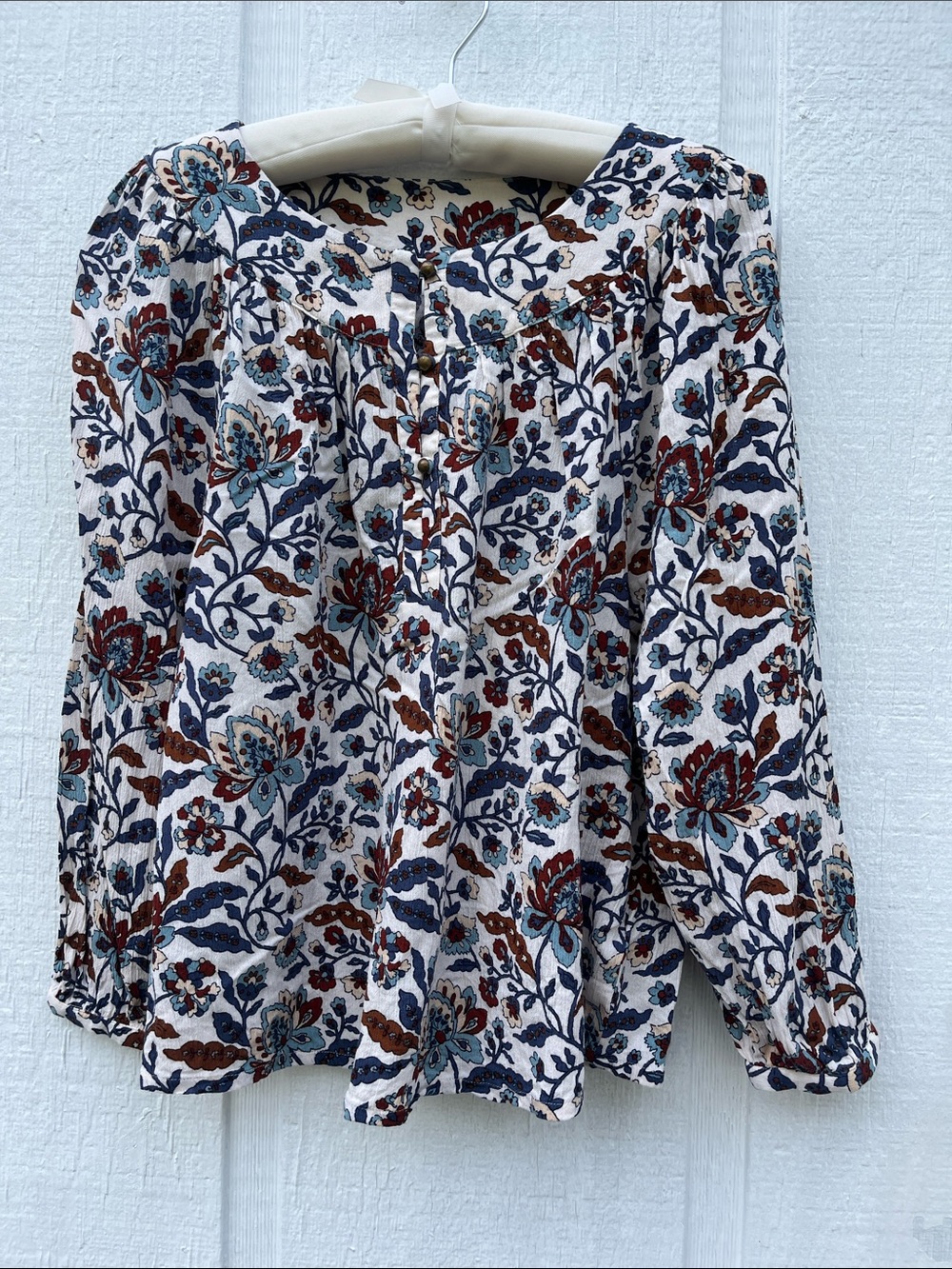 Garnet Hill Cream Floral Button-Front Peasant Blouse with Blue & Brown Accents M